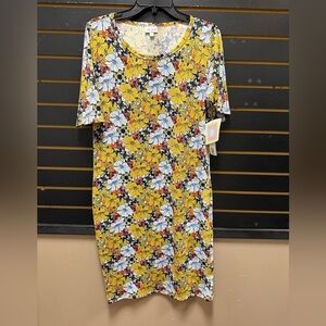 LuLaRoe Julia Dress Size L – Bold Yellow, White & Red Floral Print